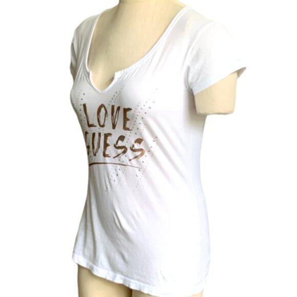 GUESS White Graphic Tee Beaded/Studed Sz M #67G - Picture 3 of 6